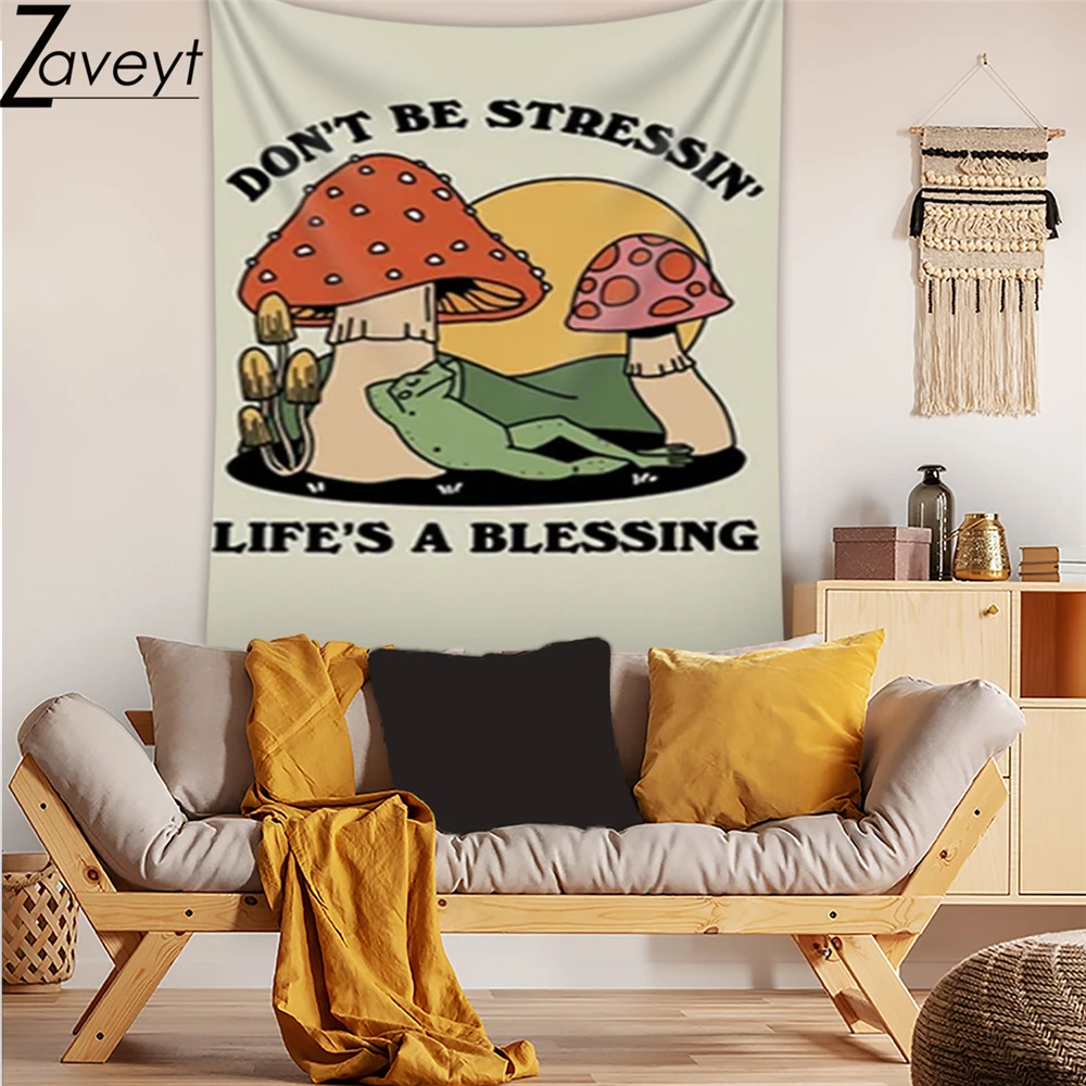

Goblincore Style Cartoon Frog Mushroom Tapestry "Don't be stressin,Life is a blessing" maxim letter Wall Hanging Cloth Hippie