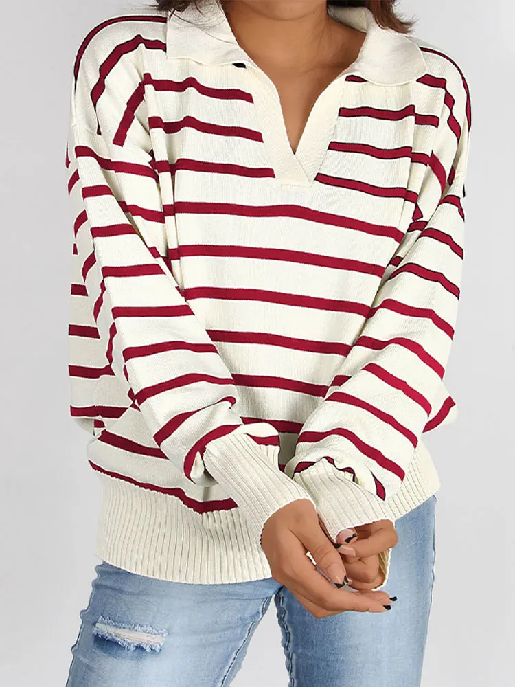 Winter Striped Lapel Knitted Sweater Women Casual Long Sleeve V-Neck Pullover Autumn Female Fashion Loose Knitwear Jumpers
Winter Striped Lapel Knitted Sweater Women Casual Long Sleeve V-Neck Pullover Autumn Female Fashion Loose Knitwear Jumpers
