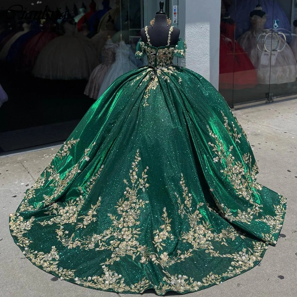 

Изумрудно-зеленое бальное платье с бисером и кристаллами, платья для Quinceanera, на бретелях-спагетти, с золотой аппликацией, кружевной корсет, платья 15 лет