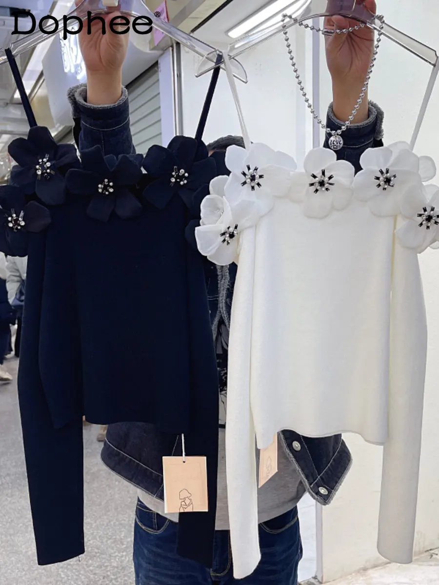 French Sweet Flower Knitted T-shirt Women Female 2023 New Spring and Autumn Clothes Lazy Sexy Off-the-Shoulder Strap Sweater Top 
French Sweet Flower Knitted T-shirt Women Female 2023 New Spring and Autumn Clothes Lazy Sexy Off-the-Shoulder Strap Sweater Top