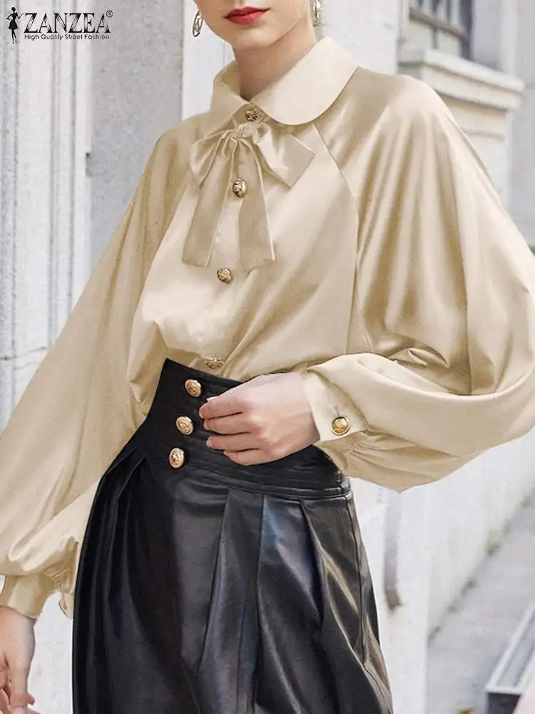 

ZANZEA Fashion Elegant Tops Casual Satin Women Lantern Long Sleeve Tunics Office Lapel Collar Bowknot 2023 Blouse Solid Shirt