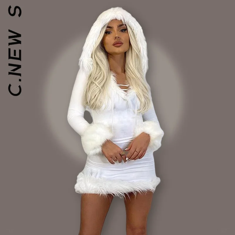 Women Dress Fashion Soft Furry White Bodycon Long Sleeve Hooded V Neck Mini Dresses All-Match Women Clothing Female Vestidos
Women Dress Fashion Soft Furry White Bodycon Long Sleeve Hooded V Neck Mini Dresses All-Match Women Clothing Female Vestidos
