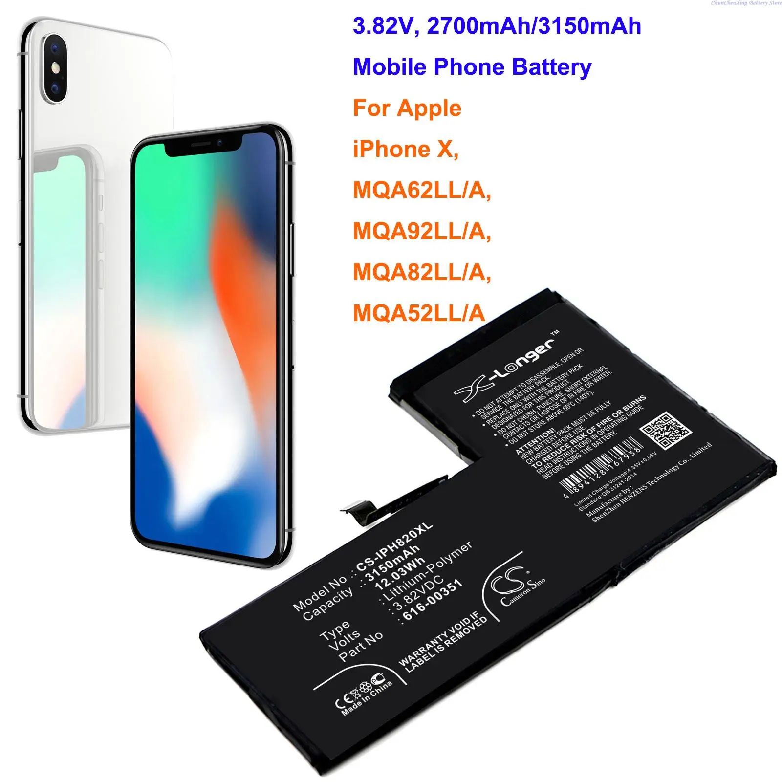 GreenBattery 2700 мАч/3150 мАч Мобильный телефон Аккумулятор 616-00351 для Apple iPhone X, MQA62LL/A, MQA92LL/A, MQA82LL/A, MQA52LL/A
GreenBattery 2700 мАч/3150 мАч Мобильный телефон Аккумулятор 616-00351 для Apple iPhone X, MQA62LL/A, MQA92LL/A, MQA82LL/A, MQA52LL/A