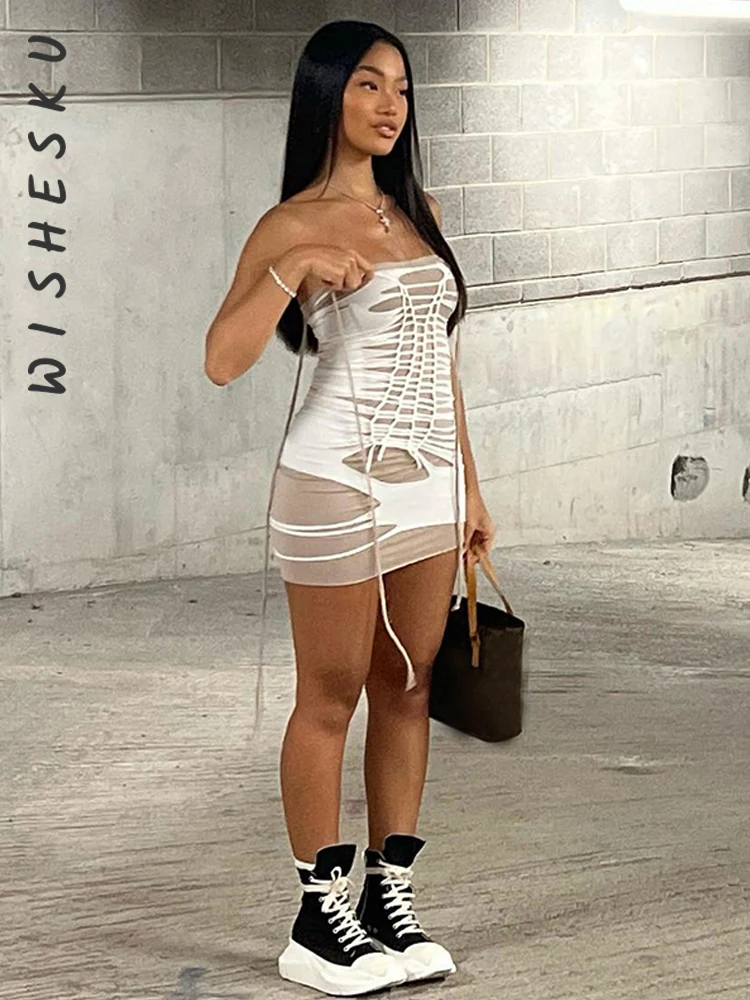 Sexy Strapless Off Shoulder Punk Grunge Mini Dress Women Vintage Ribbons Lace Up Mesh Patchwork Vestidos 2022 Summer Y2K Clothes 
Sexy Strapless Off Shoulder Punk Grunge Mini Dress Women Vintage Ribbons Lace Up Mesh Patchwork Vestidos 2022 Summer Y2K Clothes