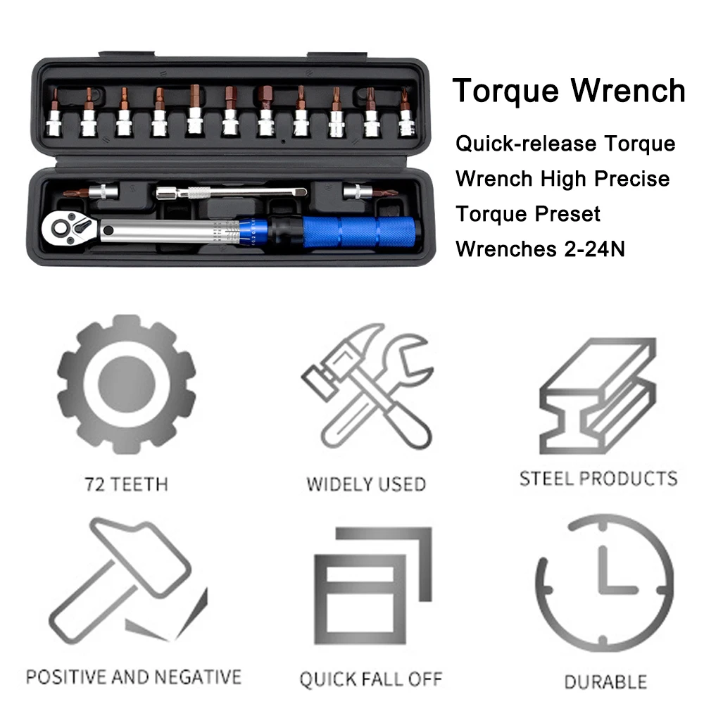 

16Pcs Ratchet Wrench Set 1/4Inch 72T 2-24N.M Preset Torque Wrench CR-V Automobile Motorcycle Bicycle Repair Maintenance Tools