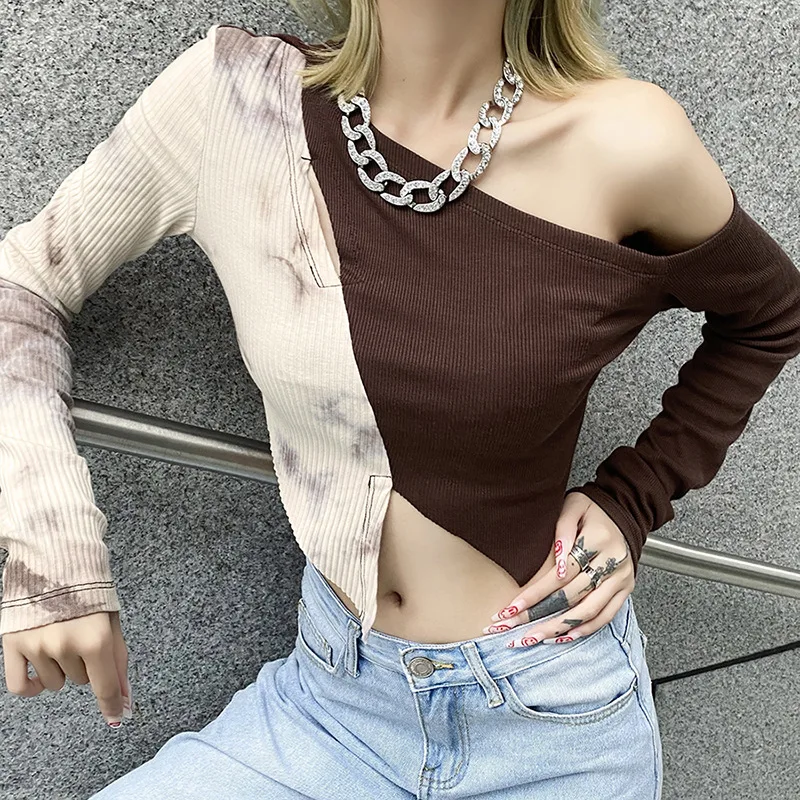 Fall 2021 New Women's Solid Color Slimming Navel Fashion Irregular Color Hit Long-sleeved T-shirt Women's Diagonal Collar Top 
Fall 2021 New Women's Solid Color Slimming Navel Fashion Irregular Color Hit Long-sleeved T-shirt Women's Diagonal Collar Top