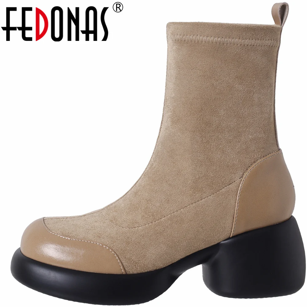 

FEDONAS Thick High Heels Women Ankle Boots Splicing Genuine Leather Round Toe Concise Casual Working Shoes Woman Autumn Winter