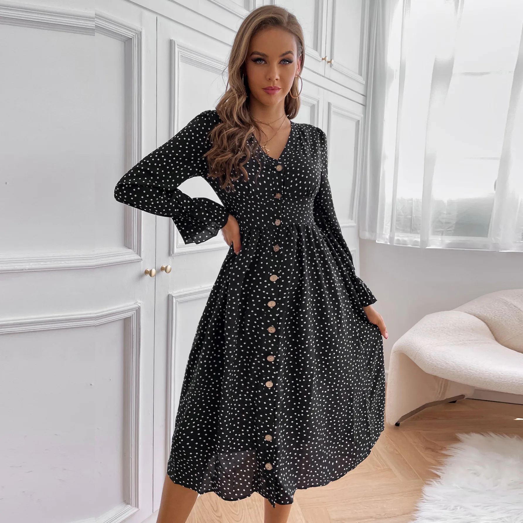 Женский кардиган средней длины в горошек, платье с V-образным вырезом и длинными рукавами для поездок
Женский кардиган средней длины в горошек, платье с V-образным вырезом и длинными рукавами для поездок