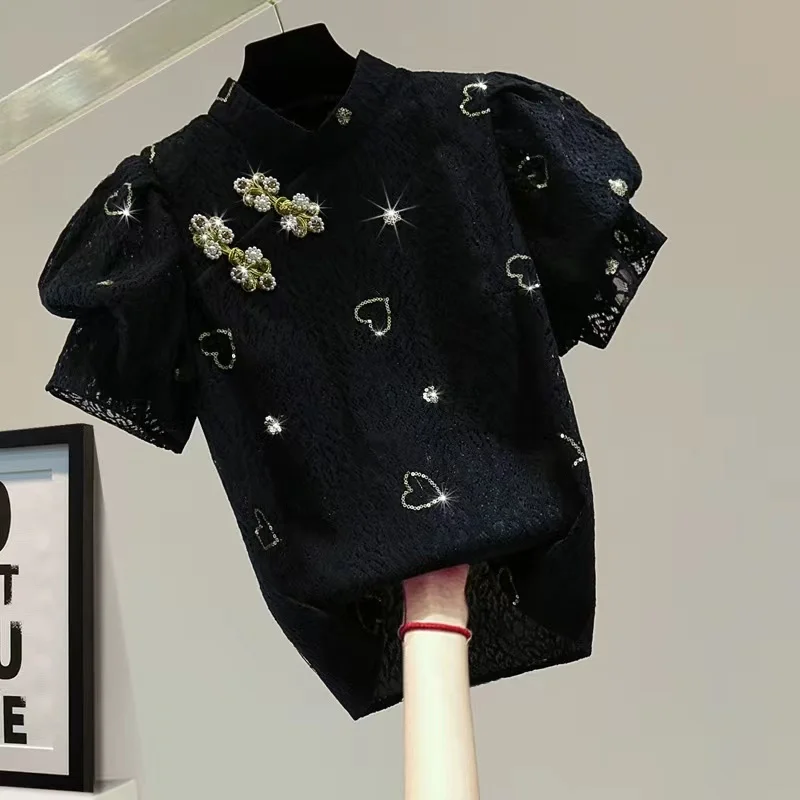 Hot Drilling Diamonds Retro Chinese Style Plate Button Lace Shirt Blouse Women's Summer Romantic Ruffled Short Sleeve Top
Hot Drilling Diamonds Retro Chinese Style Plate Button Lace Shirt Blouse Women's Summer Romantic Ruffled Short Sleeve Top