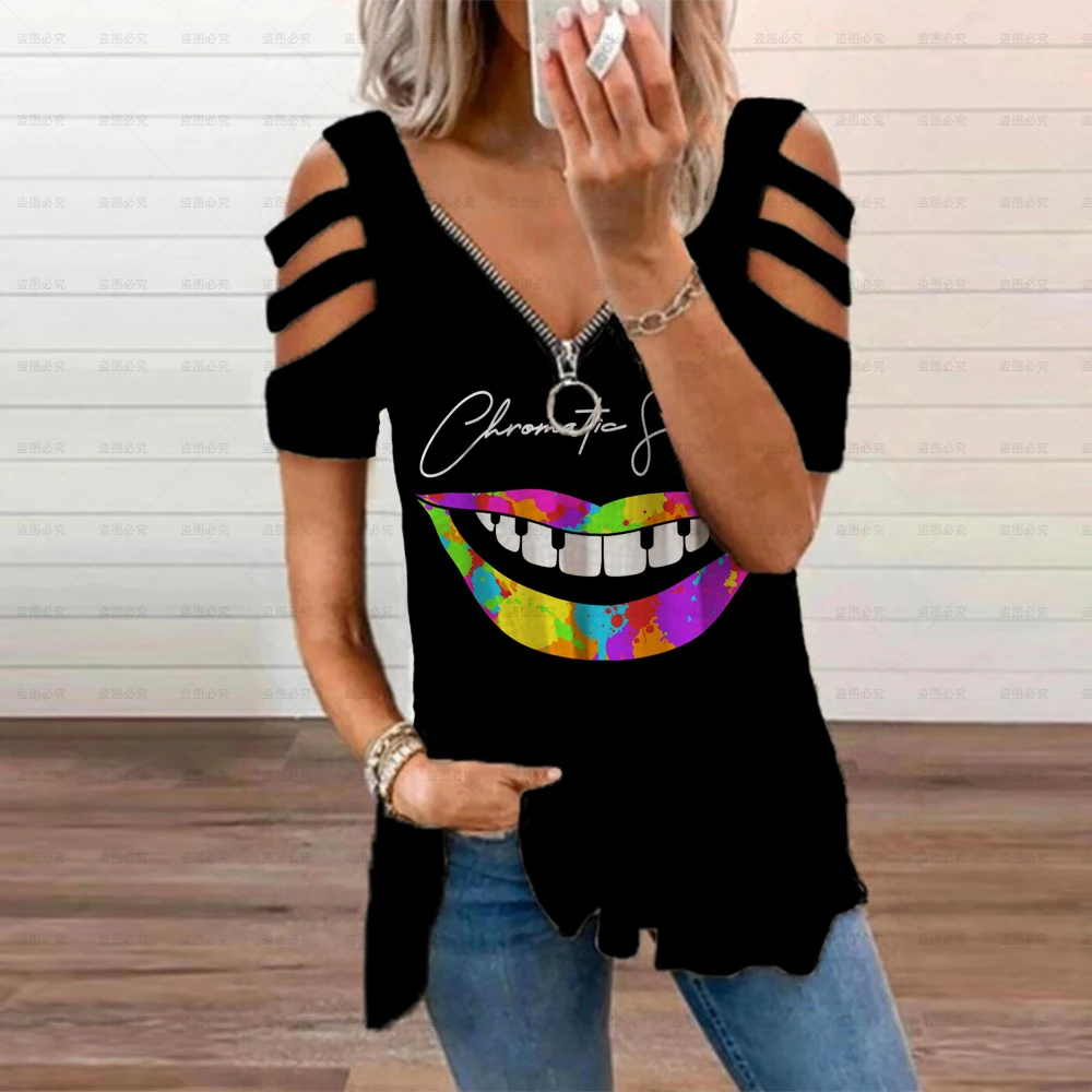 2022 Fashion Women's Summer T-Shirt Casual Sexy Lip Print Zipper V-Neck Loose Short Sleeve Cutout Short Sleeve Women's New Tops
2022 Fashion Women's Summer T-Shirt Casual Sexy Lip Print Zipper V-Neck Loose Short Sleeve Cutout Short Sleeve Women's New Tops