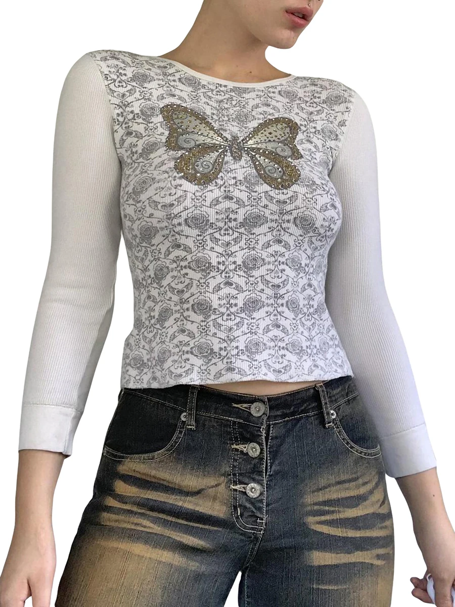 Женский винтажный Топ с длинным рукавом стразы футболка с графическим принтом бабочки короткий топ с круглым вырезом 
Женский винтажный Топ с длинным рукавом стразы футболка с графическим принтом бабочки короткий топ с круглым вырезом
