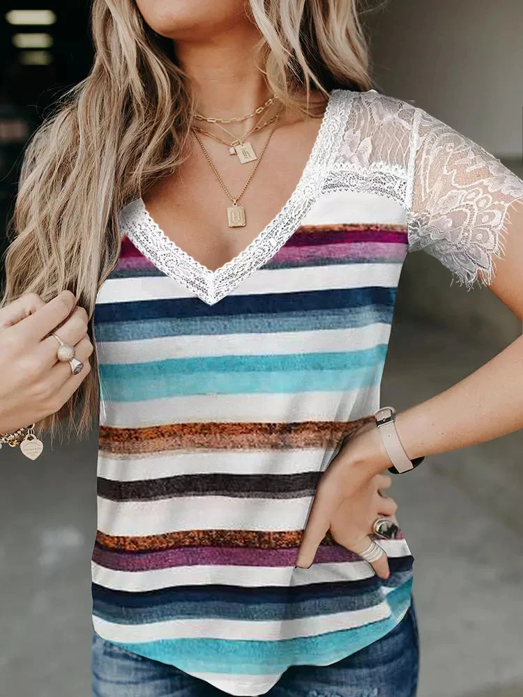 Summer T shirt Women Lace Splicing Striped V-Neck Blouse Patchwork Casual Short Sleeve Tops Camisetas De Mujer
Summer T shirt Women Lace Splicing Striped V-Neck Blouse Patchwork Casual Short Sleeve Tops Camisetas De Mujer