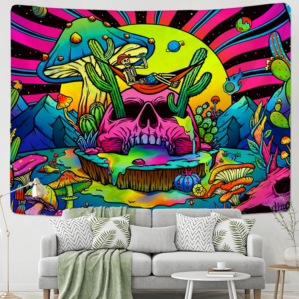 

Skeletons And Mushrooms Tapestry Wall Hanging Bohemian Tropical Psychedelic Abstract Witchcraft Home Decor Background Cloth