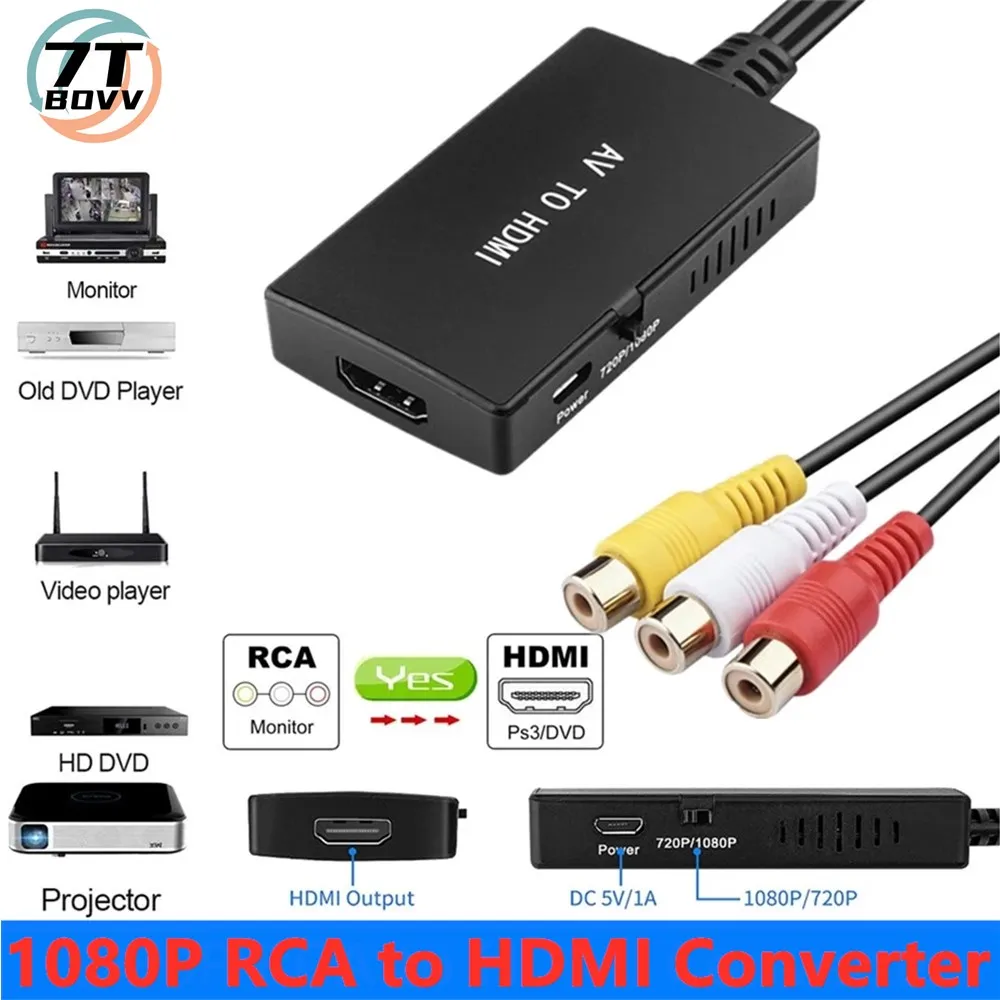 

7T BOVV RCA to HDMI Converter, Composite to HDMI Adapter Support 1080P PAL/NTSC Compatible with PS one, PS2 PS3 STB Xbox VHS VCR