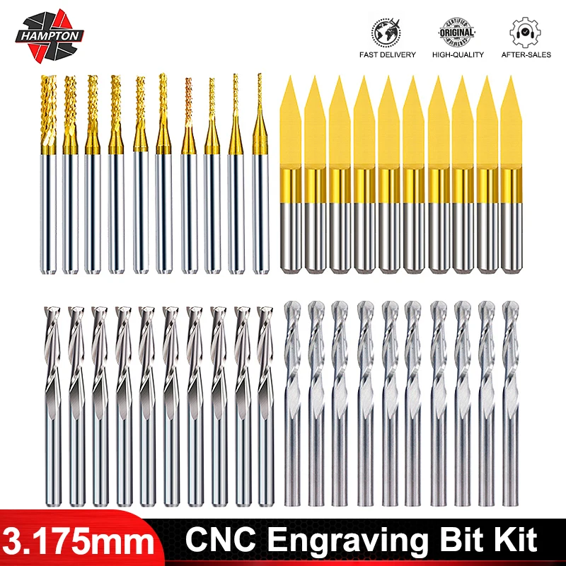 10/40pcs 3.175mm Titanium Coated Essential Corn Router Bit Flat End Mill PCB Carbide Router Bits Set for CNC Milling Tools
10/40pcs 3.175mm Titanium Coated Essential Corn Router Bit Flat End Mill PCB Carbide Router Bits Set for CNC Milling Tools