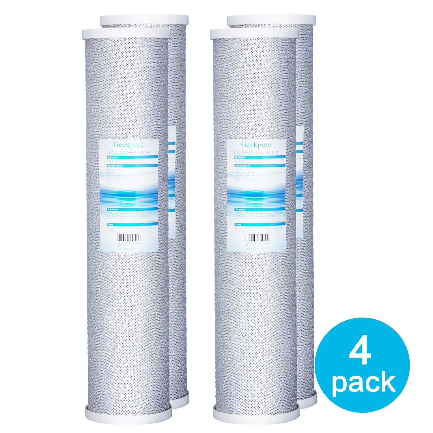 20 inch Compatible Carbon Block Water Filter Remove Chlorine Taste Odors- 4.5 inch x 20 inch (4 Pack)
20 inch Compatible Carbon Block Water Filter Remove Chlorine Taste Odors- 4.5 inch x 20 inch (4 Pack)