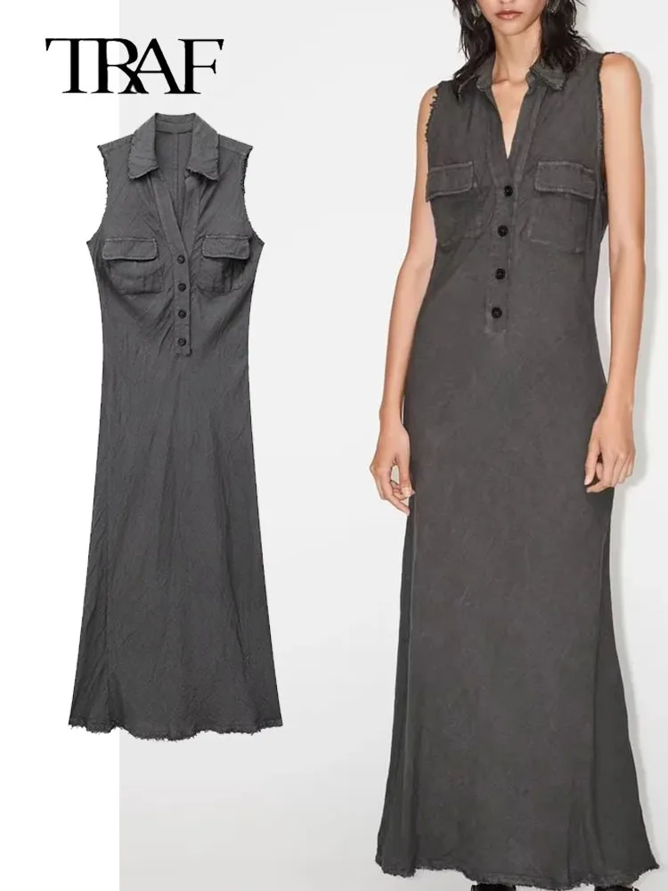 TRAF Gray Shirt Dress Woman Sleeveless Women's Linen Dress Summer Frayed Maxi Dresses For Women Button Up Casual Dresses
TRAF Gray Shirt Dress Woman Sleeveless Women's Linen Dress Summer Frayed Maxi Dresses For Women Button Up Casual Dresses