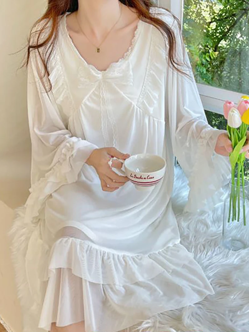

Женская сетчатая винтажная ночная рубашка с оборками в стиле "Лолита", Женская хлопковая кружевная ночная сорочка с бантом в викторианском стиле, одежда для сна