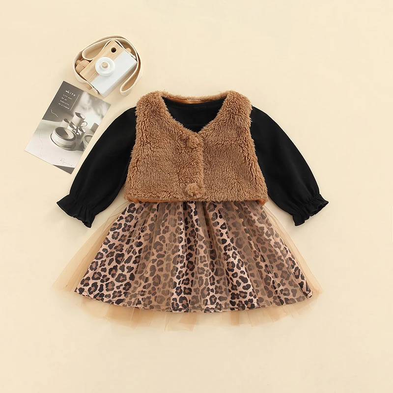 Toddler Girls 2Pcs Fall Outfits, Long Sleeve Leopard Butterfly Graphic Tulle Dress + Faux Fur Vest Outwear Set 3Months-3Years
Toddler Girls 2Pcs Fall Outfits, Long Sleeve Leopard Butterfly Graphic Tulle Dress + Faux Fur Vest Outwear Set 3Months-3Years