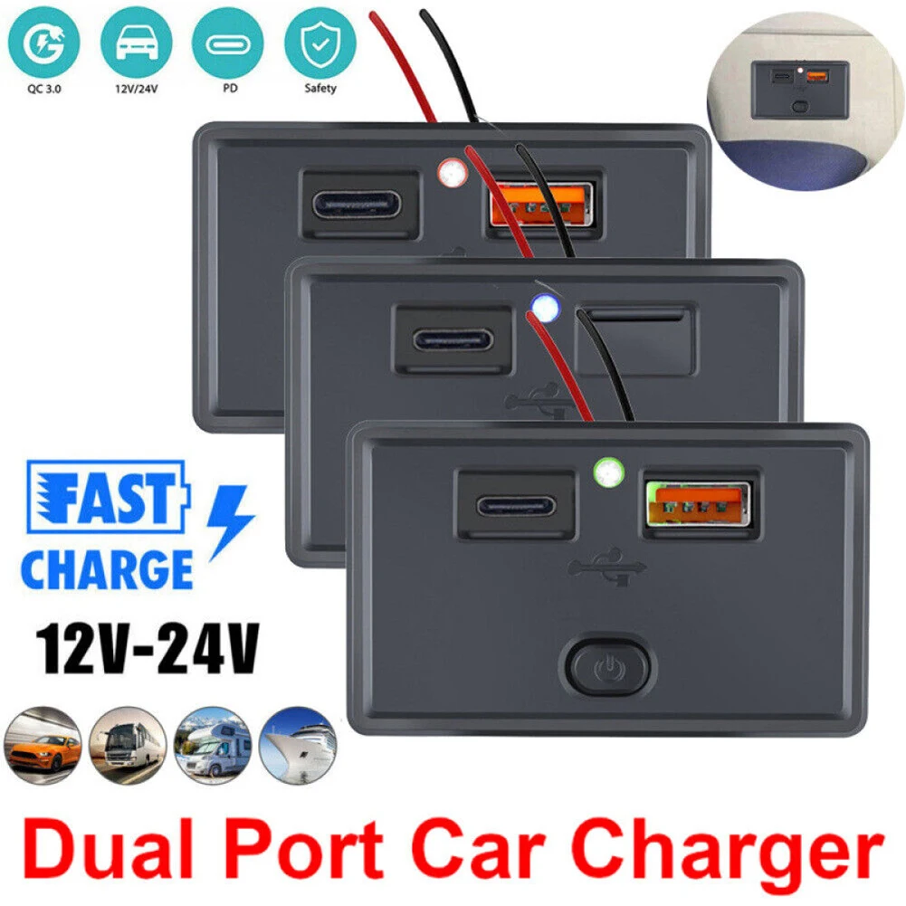 12-24V Dual USB PD QC3.0 Car Boat RV Fast Charger Socket LED Power Outlet PD USB Type-C + QC3.0 USB Type A Output For Cars, Boa
12-24V Dual USB PD QC3.0 Car Boat RV Fast Charger Socket LED Power Outlet PD USB Type-C + QC3.0 USB Type A Output For Cars, Boa
