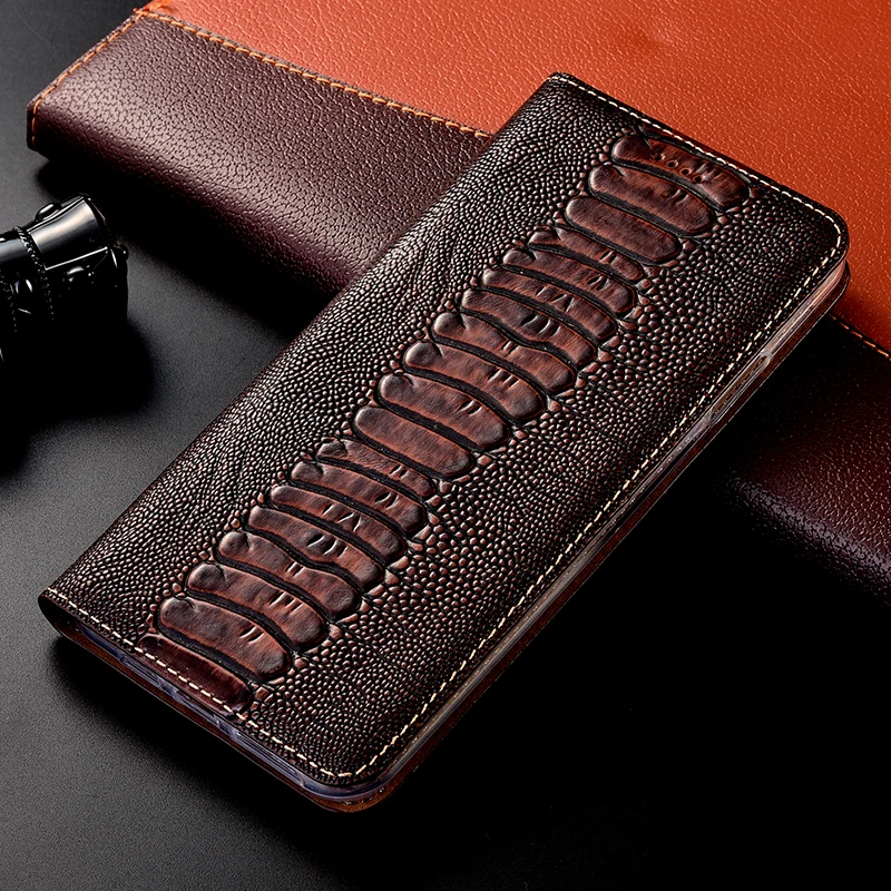 

Genuine Leather Ostrich Case For iPhone 11 12 13 14 Pro Max Mini 6 6s 7 8 Plus XR XS Max SE Magnetic wallet flip cover funda