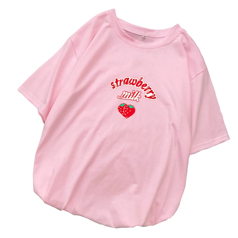 Summer Harajuku Kawaii Tops Cartoon Print Tee Shirt Strawberry Milk T Shirt Short Sleeve Women Femme Korean Style Casual Clothes
Summer Harajuku Kawaii Tops Cartoon Print Tee Shirt Strawberry Milk T Shirt Short Sleeve Women Femme Korean Style Casual Clothes