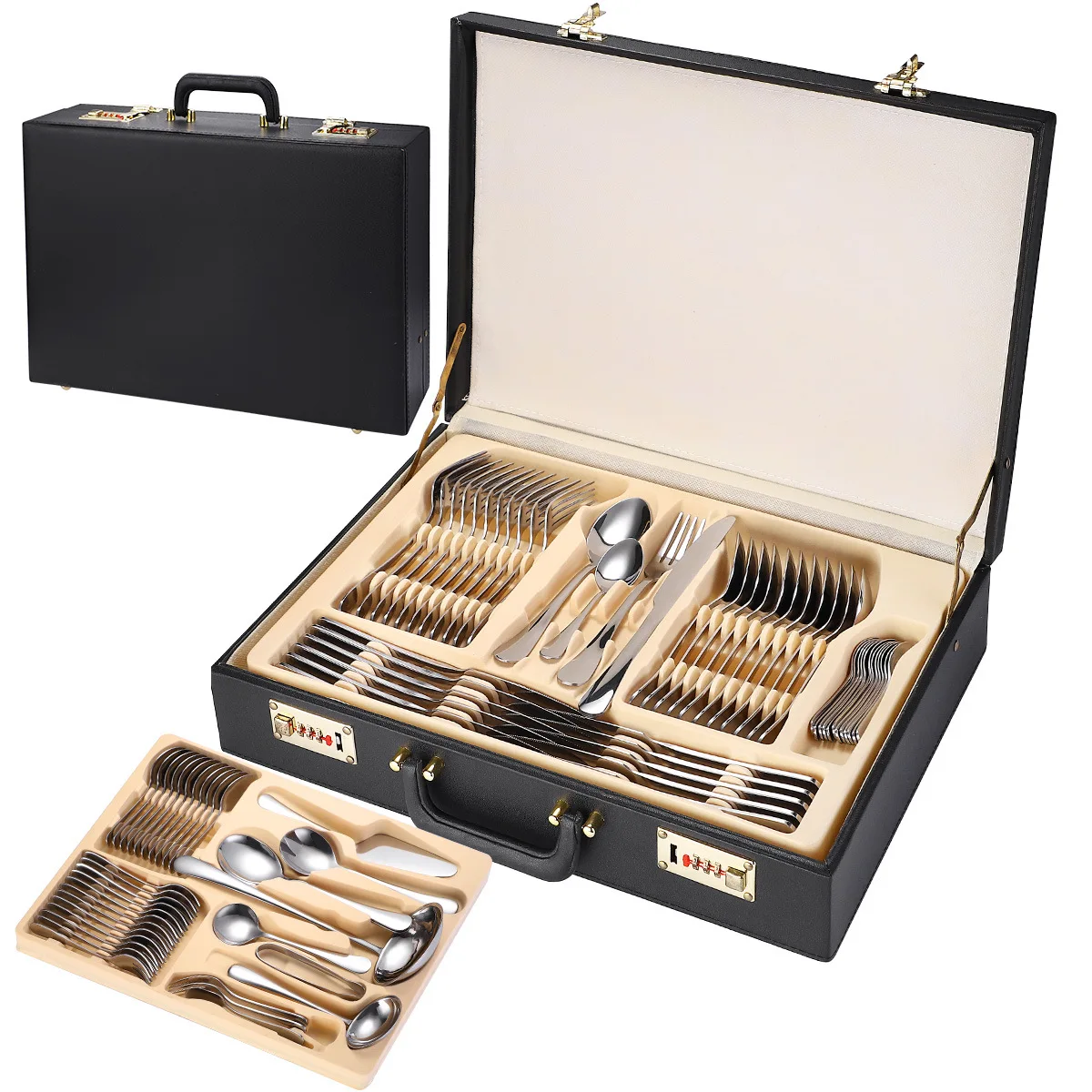 Golden Large Cutlery Set Knife Fork and Spoon Eco Friendly Metal Cutlery Set Cookware Leather Suitcase Gift Tableware Sets
Golden Large Cutlery Set Knife Fork and Spoon Eco Friendly Metal Cutlery Set Cookware Leather Suitcase Gift Tableware Sets