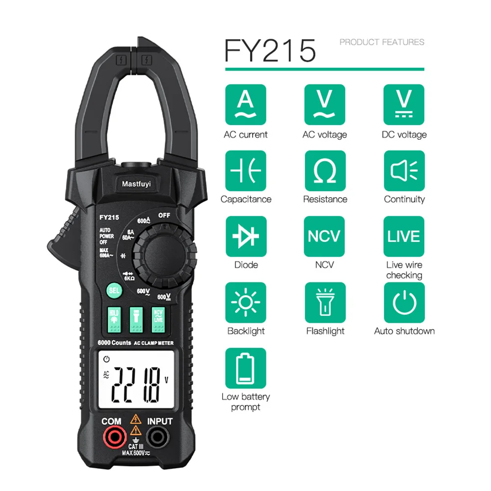 FY215 Digital Clamp Meter AC DC Multimeter Pliers Ammeter Tester True RMS Amperometric Voltage Indicator Capacitance NCV Test
FY215 Digital Clamp Meter AC DC Multimeter Pliers Ammeter Tester True RMS Amperometric Voltage Indicator Capacitance NCV Test