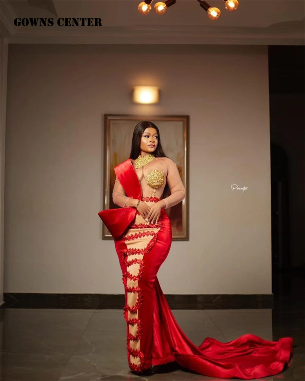 Red Velvet Gold Beaded Appliques See Thru Long Sleeve Aso Ebi Evening Dresses For Black Girls Party Wedding Dress With Train
Red Velvet Gold Beaded Appliques See Thru Long Sleeve Aso Ebi Evening Dresses For Black Girls Party Wedding Dress With Train