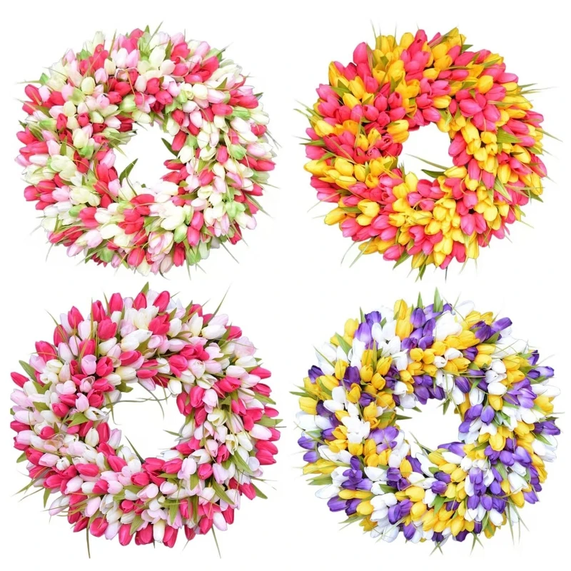 

Artificial Tulip Wreath Simulation Wedding Decoration Wall Hanging Garland for Easter Springtime Party Front Door Decor Day