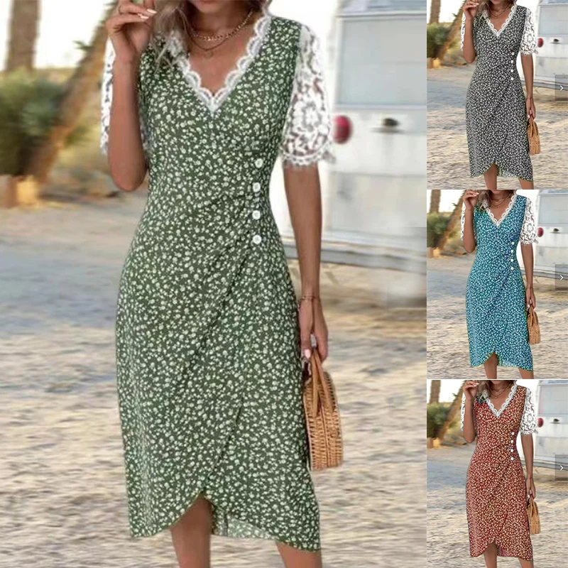 V-neck Elegant Lace Stitching Irregular Dress Women's Summer 2023 Fashion Printed Casual Slim Buttons Short SleevePullover Dress
V-neck Elegant Lace Stitching Irregular Dress Women's Summer 2023 Fashion Printed Casual Slim Buttons Short SleevePullover Dress