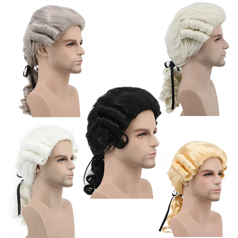 

White Lawyer Judge Wig Baroque Curly Male Colonial Deluxe Historical Costume Synthetic Cosplay Wig for Halloween Cosplay