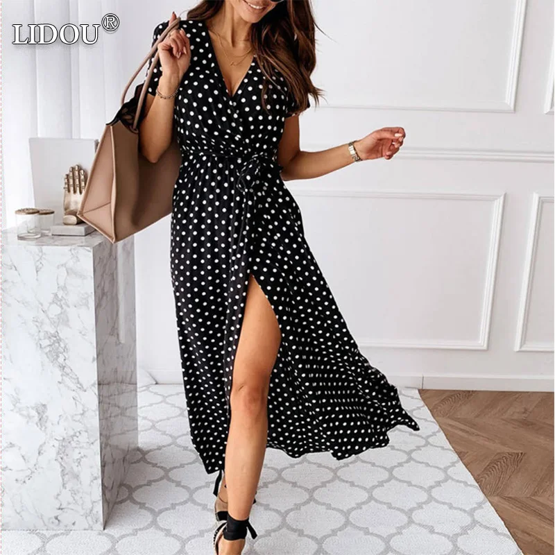 Lady Short Sleeve Bandage Long Casual Feminine Party Dresess Lady V-neck Fashion Sexy Polka Dot Print Loose Bohemian Split Dress
Lady Short Sleeve Bandage Long Casual Feminine Party Dresess Lady V-neck Fashion Sexy Polka Dot Print Loose Bohemian Split Dress