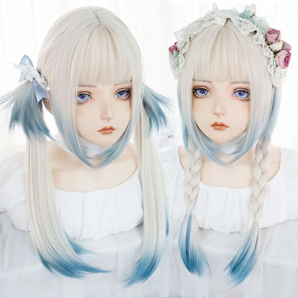 

HOUYAN synthetic Long straight blonde gradient blue wig women's fringe cosplay Lolita party heat resistant wig
