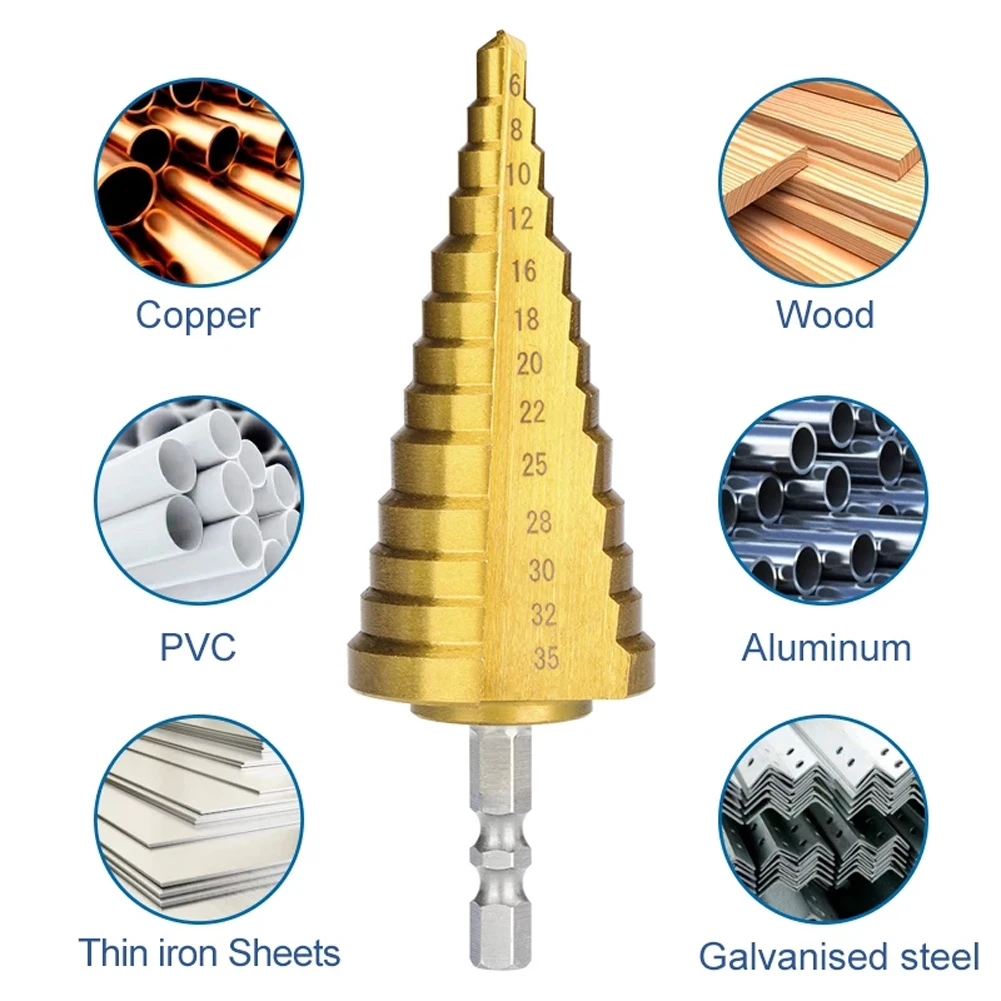 1pcs 6-35mm 13 Step 1/4Inch Hex Shank HSS Step Drill Bit Drill For Metal Cone Step Drilling Carbon Steel Plate PVC Board
1pcs 6-35mm 13 Step 1/4Inch Hex Shank HSS Step Drill Bit Drill For Metal Cone Step Drilling Carbon Steel Plate PVC Board