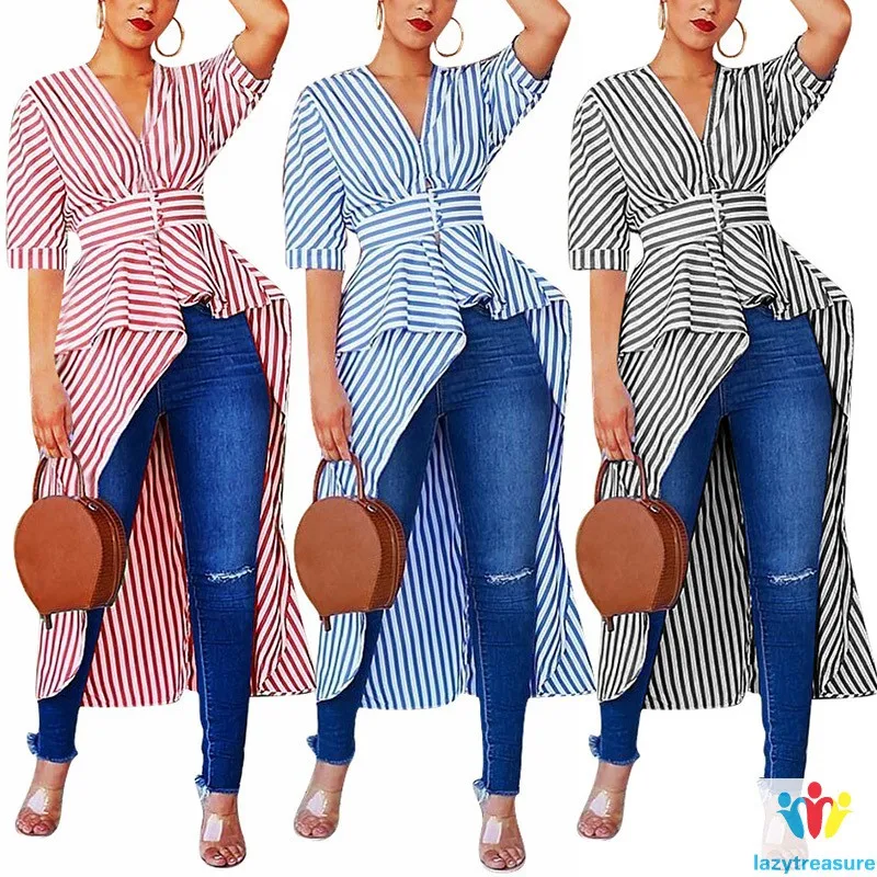 

Women Half Sleeve Striped Asymmetric High Low Hem Maxi Long Shirt Tops for Summer