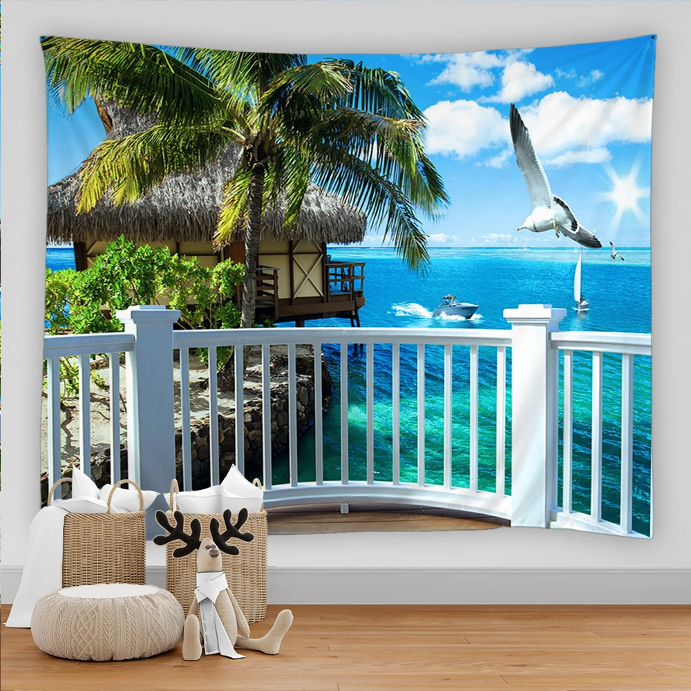 

Sea View Balcony Tapestry Ocean Beach Sunshine Coconut Trees Scenery Tapestries Bedroom Living Room Home Decor Wall Hanging