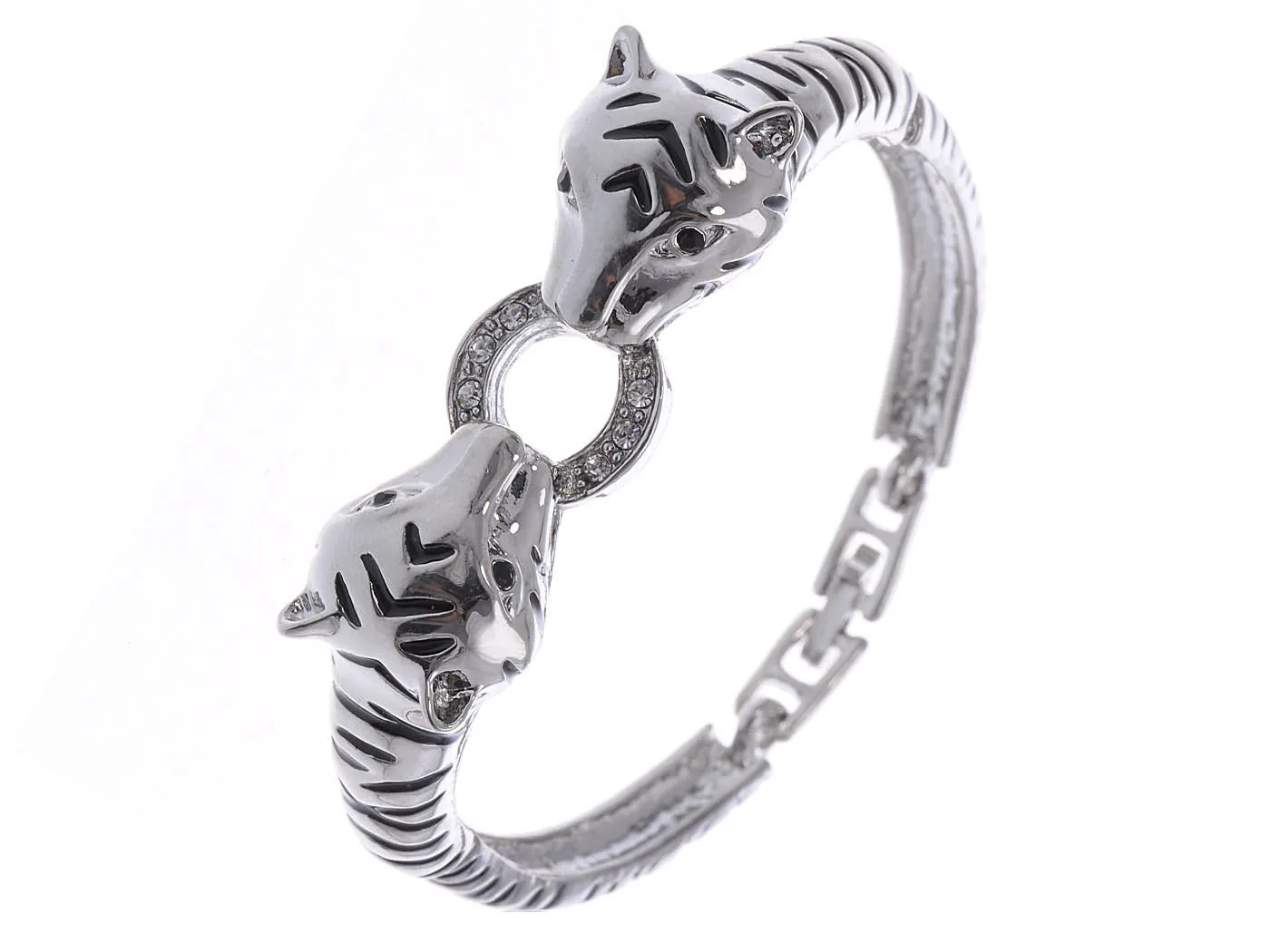 Silvery Tone Black Enamel Clear Crystal Rhinestone Two Tiger Cuff Bracelet Bangle
Silvery Tone Black Enamel Clear Crystal Rhinestone Two Tiger Cuff Bracelet Bangle