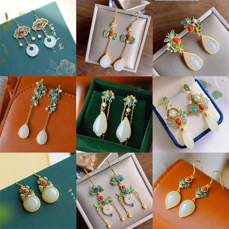 

Natural Hetian jade enamel porcelain Earrings Chinese retro court style unique ancient gold charm women's silver jewelry