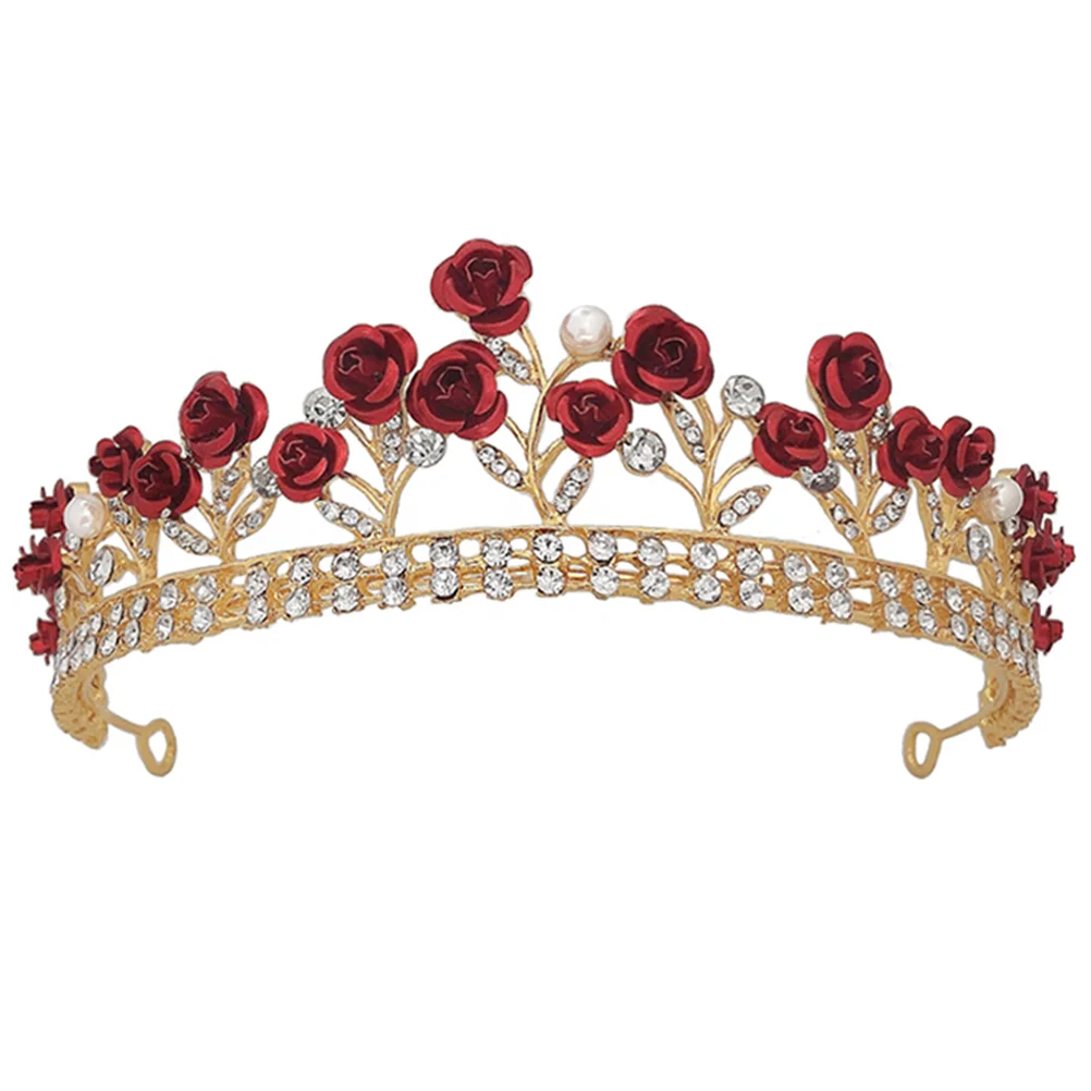 

Rose Wedding Tiara Baroque Red Flower Rhinestone Headband Crystal Bridal Vintage Bride Alloy Hair Pageant Tiaras Gold Headpiece