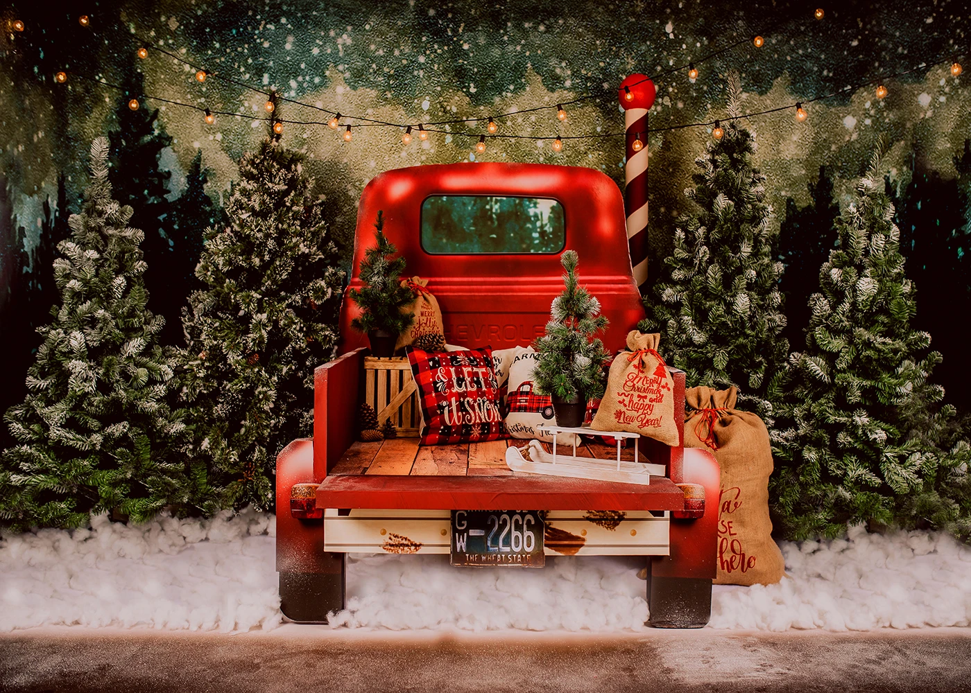 

Christmas Red Truck Photography Backdrop Winter Forest Pine Trees Snow Gifts Background Party Decor Portrait Photobooth Props