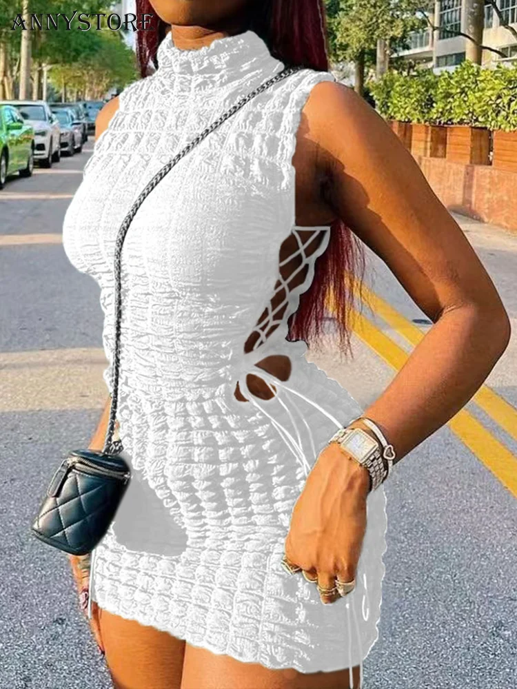 

Lace Up Side Hollow Out Seersucker Sleeveless Turtleneck Bodycon Midi Dress for Women 2023 Summer Chic Ins Dresses