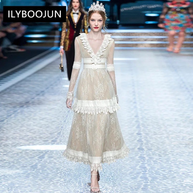 Fashion Designer dress Autumn Women Dress Lace V-Neck Ruffle Long sleeve Sashes Elegant Party Vacation Maxi White Dress
Fashion Designer dress Autumn Women Dress Lace V-Neck Ruffle Long sleeve Sashes Elegant Party Vacation Maxi White Dress