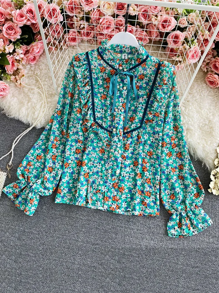 Spring New Products Women's Floral Lace Chiffon Shirt Wooden Ears Stand Collar Loose Thin Puff Sleeve Top C154 
Spring New Products Women's Floral Lace Chiffon Shirt Wooden Ears Stand Collar Loose Thin Puff Sleeve Top C154