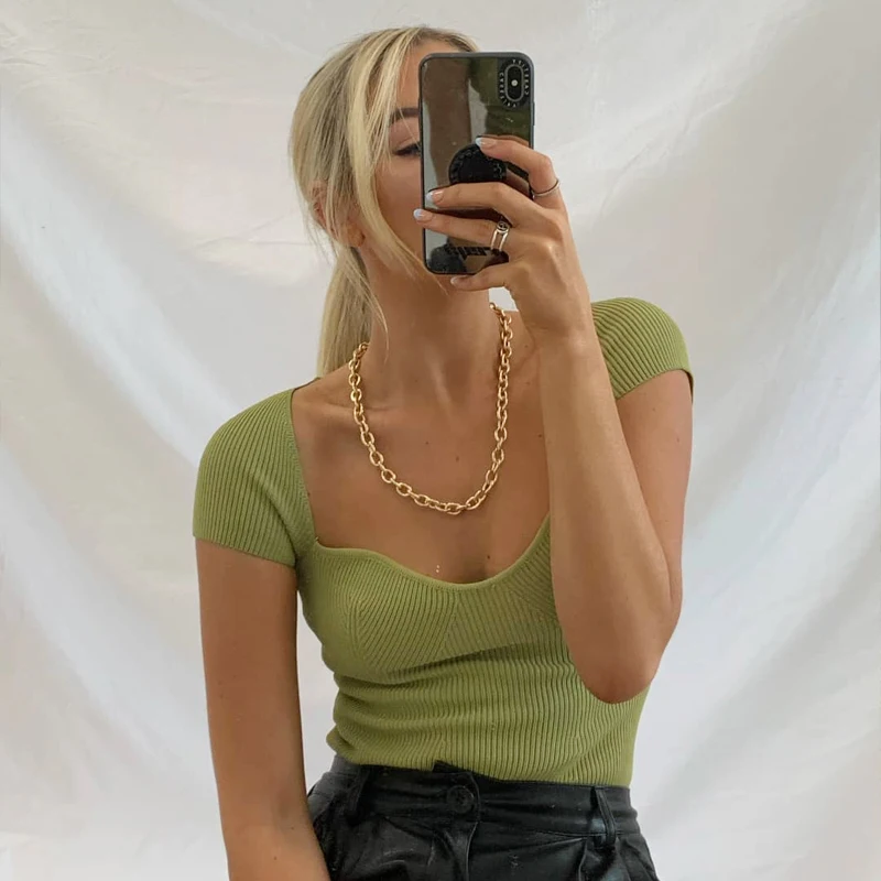 

Aproms Green Square Neck Ribbed Knitted T-shirt Women Sexy Solid Color High Strench Tshirt Cool Girls Street Style Crop Top 2022