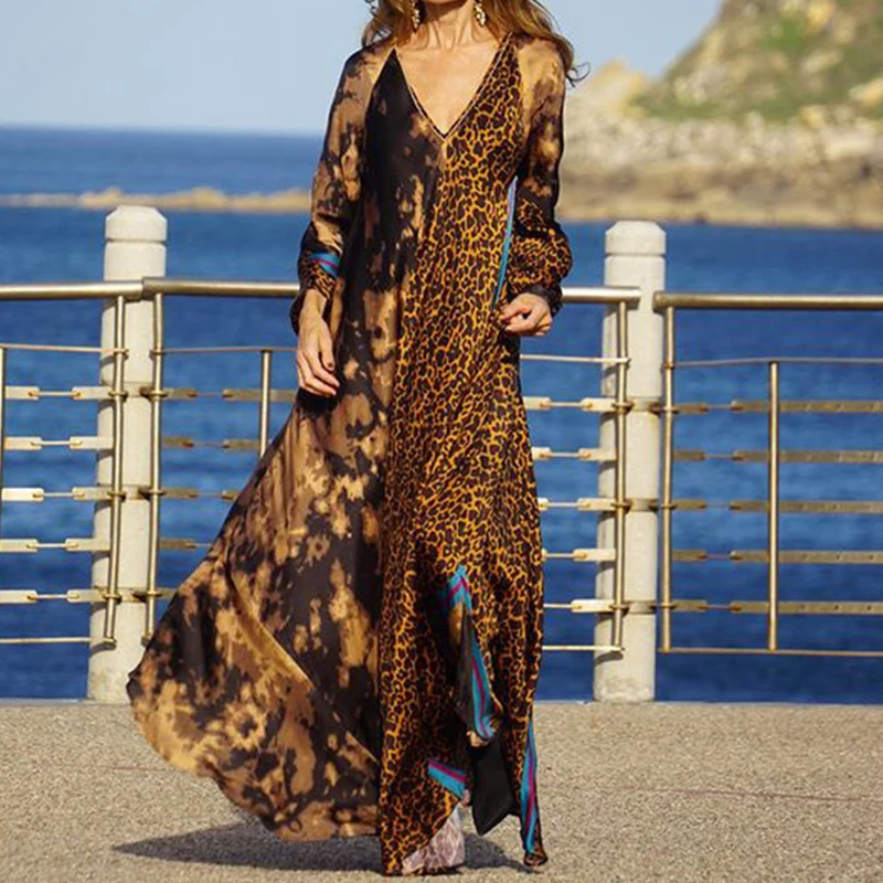 Women Leopard Print Patchwork Loose Dress Elegant Casual V Neck Long Sleeve Party Dress Fashion Temperament Big Hem Street Dress 
Women Leopard Print Patchwork Loose Dress Elegant Casual V Neck Long Sleeve Party Dress Fashion Temperament Big Hem Street Dress