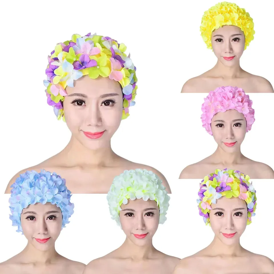 

3D Flower Women Bathing Cap Handmade Breathable Swimming Bath Cap Soft Long Hair Diving Hood Ear Protection Pool Accesories