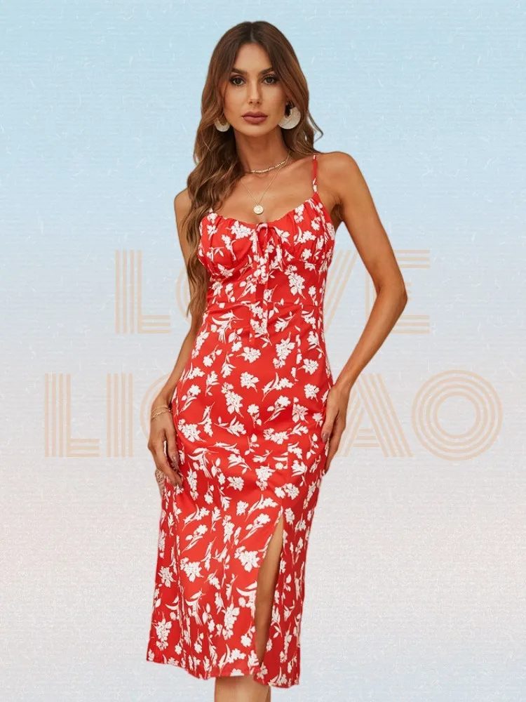 

Allover Floral Print Slit Hem Cami Dress Summer 2022 Red High Waist Spaghetti Strap Women Dresses Ladies Boho Dress Robe Femme