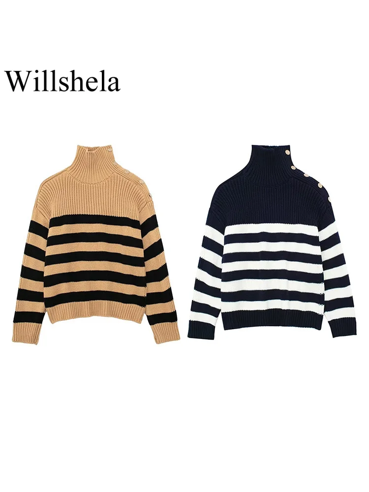 

Willshela женский модный полосатый вязаный свитер с пуговицами, винтажный женский топ с высоким воротом и длинными рукавами