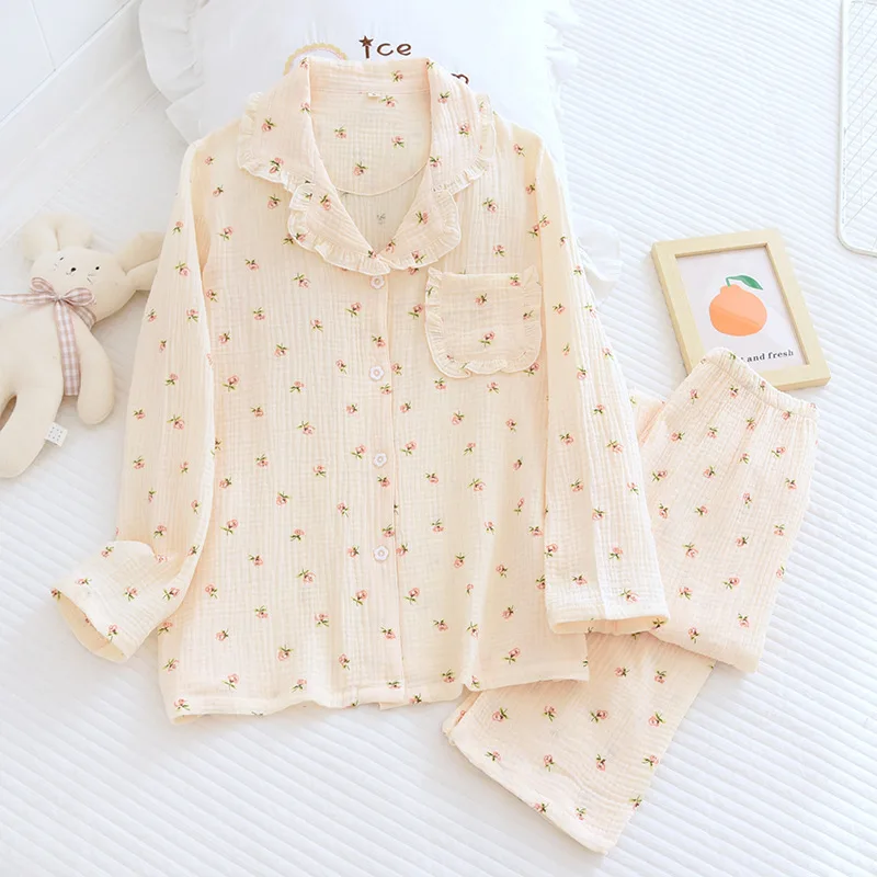 Womens Cotton Pajamas Long Sleeve Trousers Suit Thin Gauze Home Clothes Two Piece Set Summer Loungewear Cute Sexy Sleepwear 2022
Womens Cotton Pajamas Long Sleeve Trousers Suit Thin Gauze Home Clothes Two Piece Set Summer Loungewear Cute Sexy Sleepwear 2022